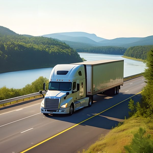 Big white semi truck driving on a road near lake. Semi truck transporting commercial cargo in refrigerated semi trailer down road with a green trees near lake